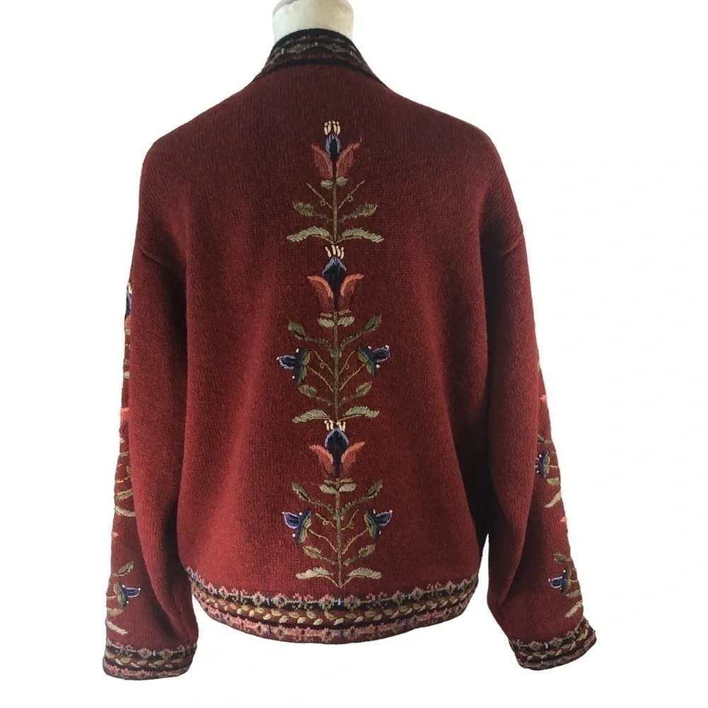 Icelandic Design Wool Zip Cardigan Women L Red and Embroidery Accents - Picture 4 of 11